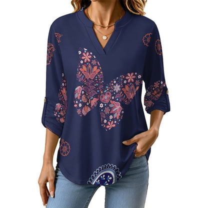Women's Notched V Neck Tunic Tops, Roll Up 3/4 Sleeve Button Cuff Casual Blouse, Hem Loose Work Shirts  Paisley Texture Butterfly Repeat Tile Texture