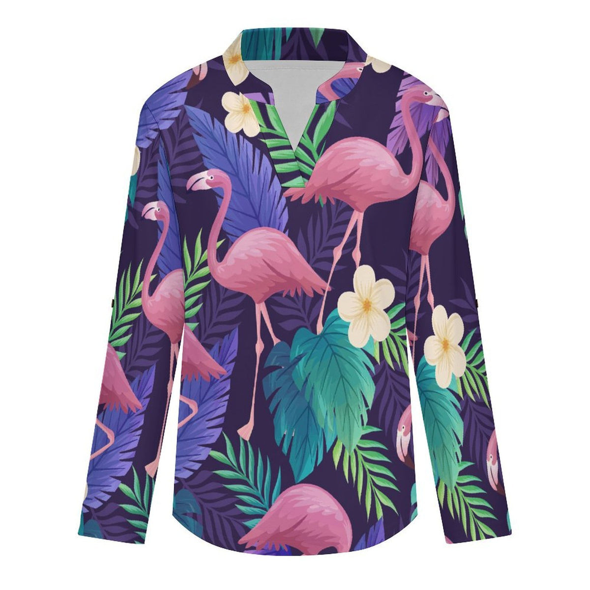 Stand-up Collar Long-sleeved Shirt Color, Leaves, Summer, Red Crowned Crane  Customization Women’s V-Neck Blouses,long Sleeve,Roll-Up Sleeve Shirt