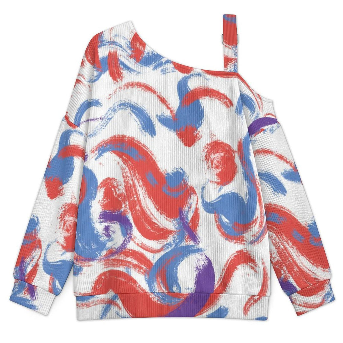 Off-the-shoulder Sweater Corlorful Abstract Painting  Asymmetric Cold Shoulder Knit Sweater for Women, Adjustable Buckle Strap Long Sleeve Casual Slouchy Pullover