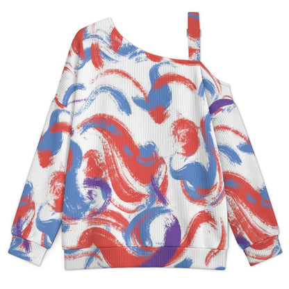 Off-the-shoulder Sweater Corlorful Abstract Painting  Asymmetric Cold Shoulder Knit Sweater for Women, Adjustable Buckle Strap Long Sleeve Casual Slouchy Pullover