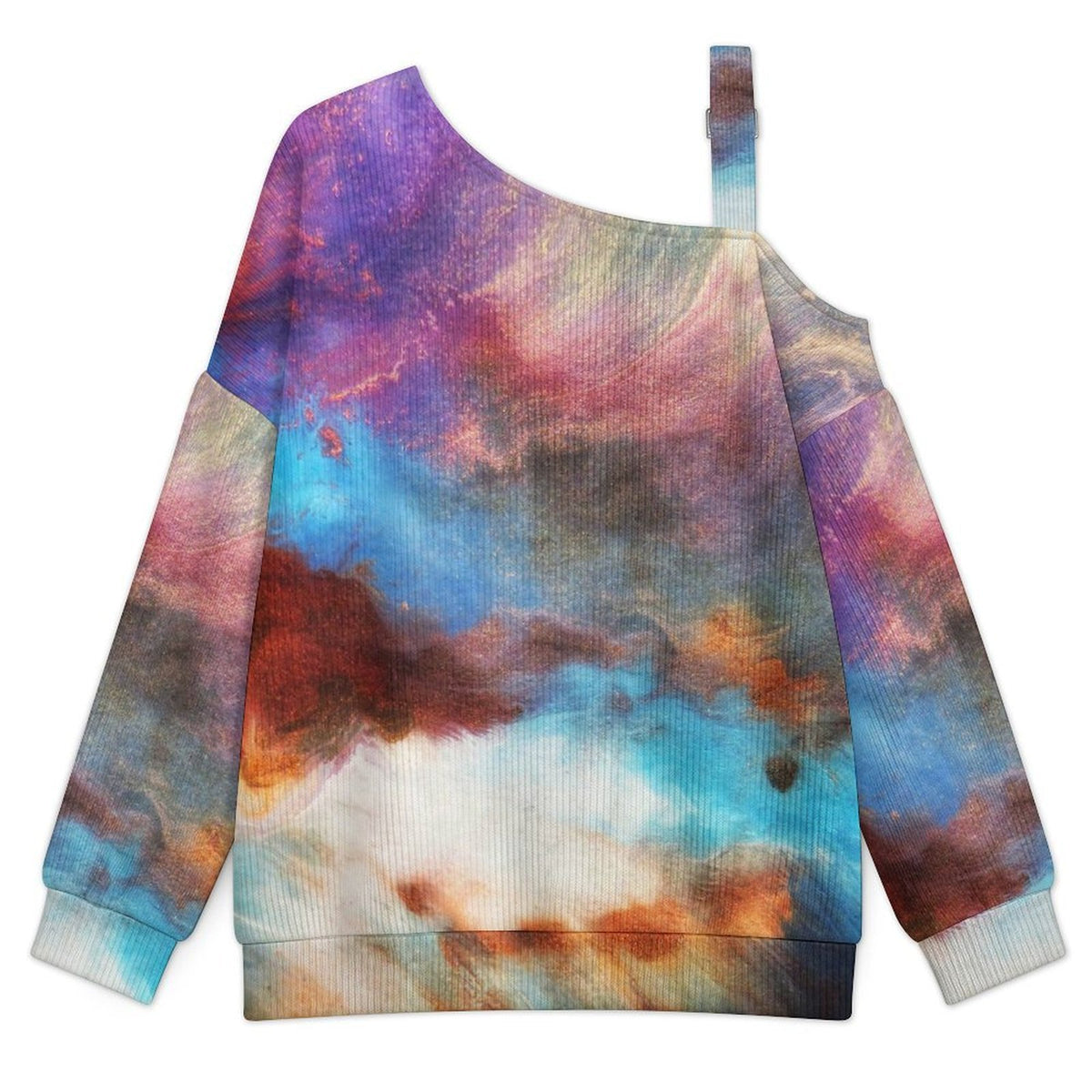 Off-the-shoulder Sweater Color Abstract Painting  Asymmetric Cold Shoulder Knit Sweater for Women, Adjustable Buckle Strap Long Sleeve Casual Slouchy Pullover