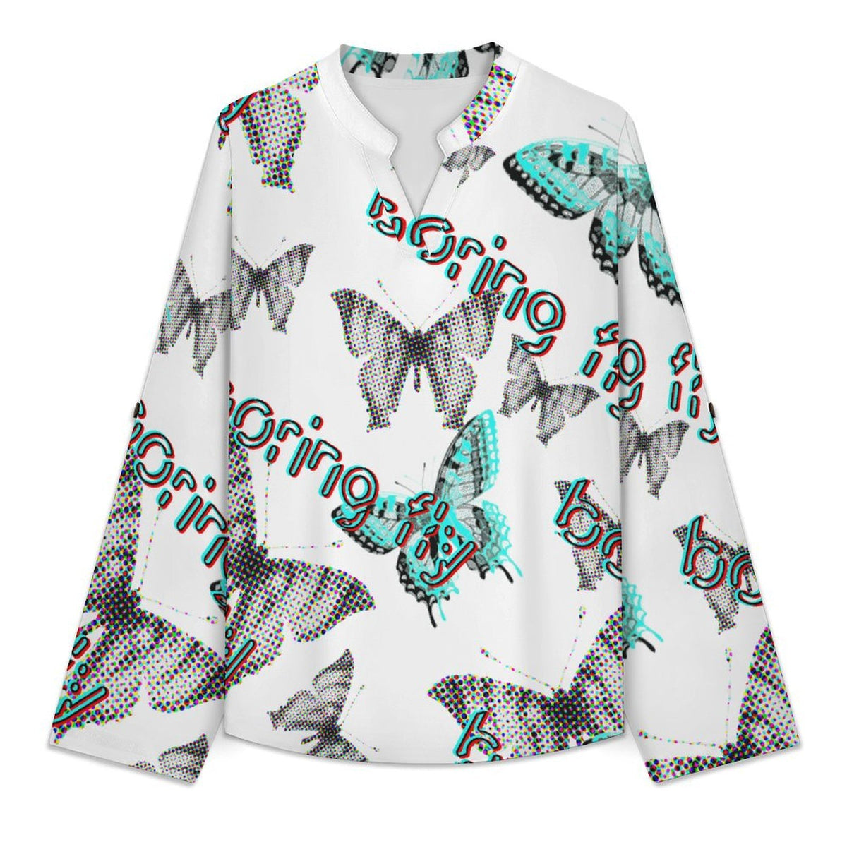Stand-up Collar Long-sleeved Shirt Fantasy World of Butterflies  Customization Women’s V-Neck Blouses,long Sleeve,Roll-Up Sleeve Shirt