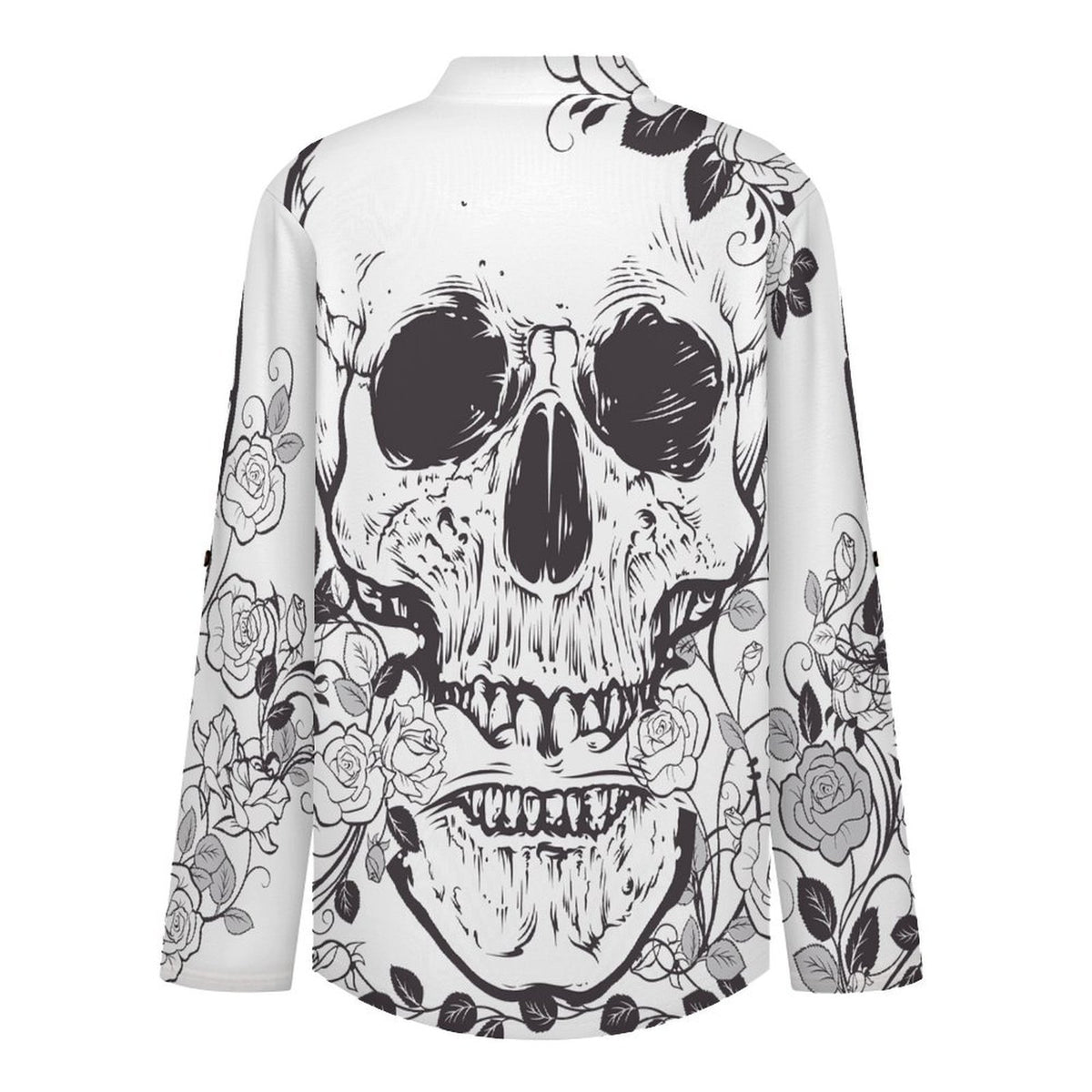Stand-up Collar Long-sleeved Shirt Skull And Flowers  Customization Women’s V-Neck Blouses,long Sleeve,Roll-Up Sleeve Shirt