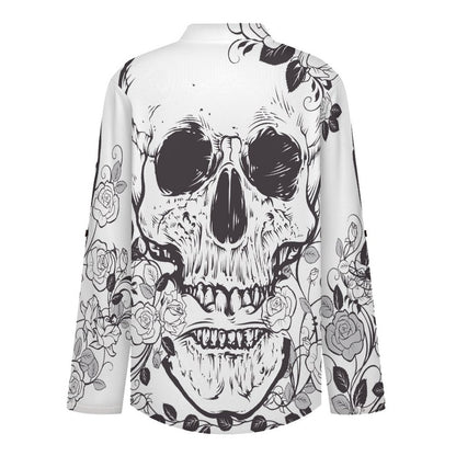 Stand-up Collar Long-sleeved Shirt Skull And Flowers  Customization Women’s V-Neck Blouses,long Sleeve,Roll-Up Sleeve Shirt