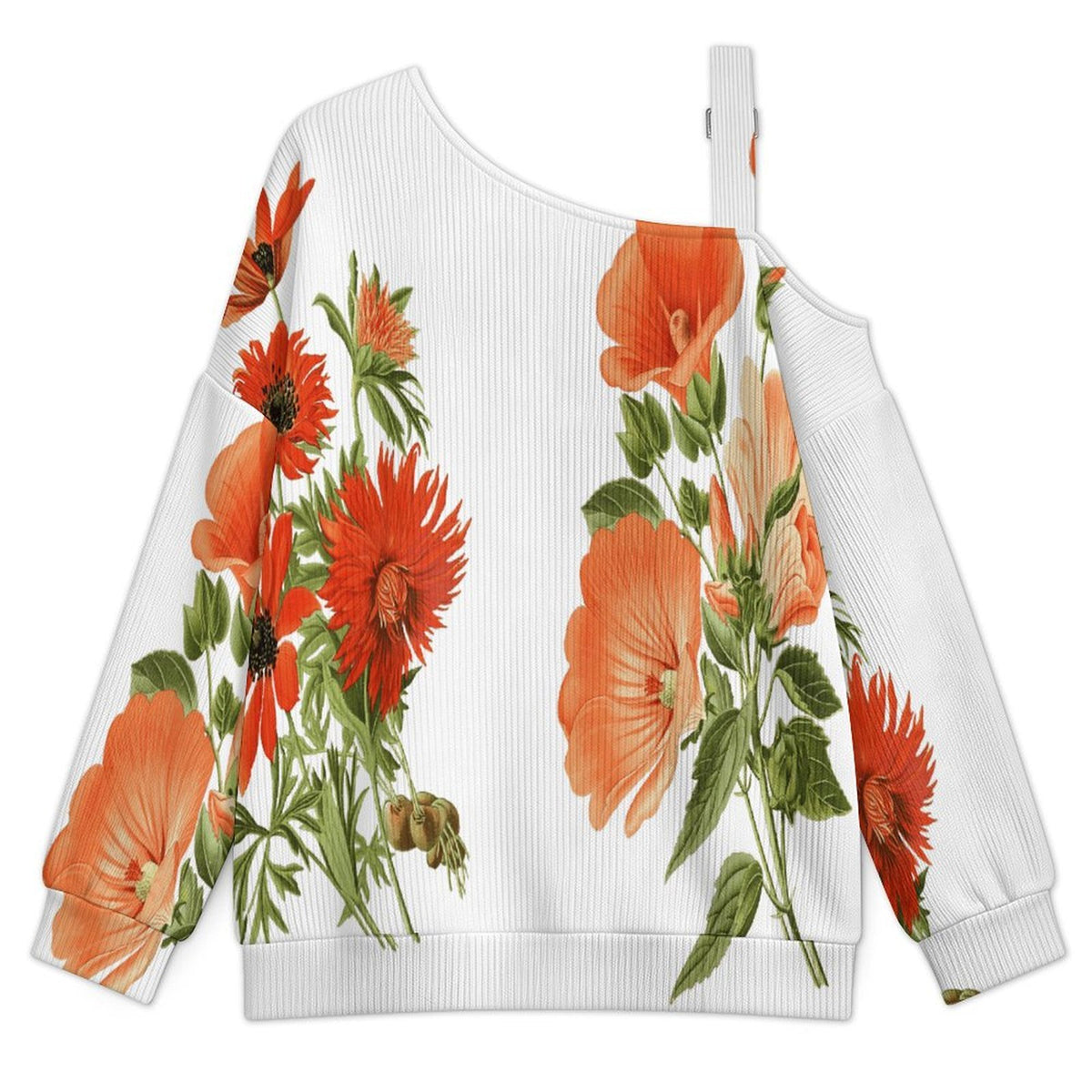 Off-the-shoulder Sweater Chrysanthemum  Asymmetric Cold Shoulder Knit Sweater for Women, Adjustable Buckle Strap Long Sleeve Casual Slouchy Pullover