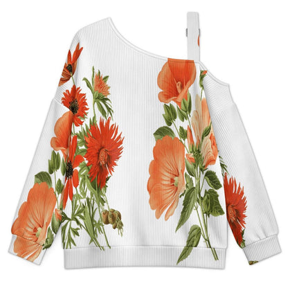 Off-the-shoulder Sweater Chrysanthemum  Asymmetric Cold Shoulder Knit Sweater for Women, Adjustable Buckle Strap Long Sleeve Casual Slouchy Pullover