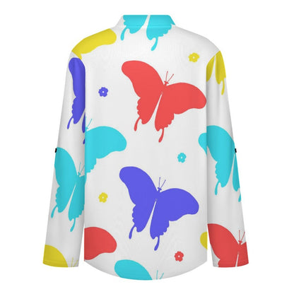 Women's Notched V Neck Tunic Tops, Roll Up 3/4 Sleeve Button Cuff Casual Blouse, Hem Loose Work Shirts  Butterfly-color-red-blue-yellow-repeat