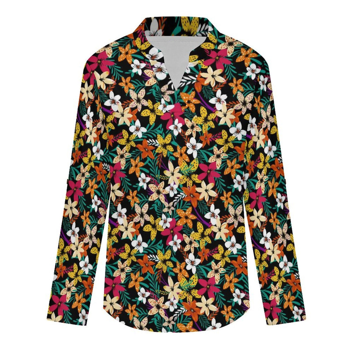 Flower  Versatile Notched V-Neck Tunic | Roll Tab 3/4 Sleeve Office Casual Top