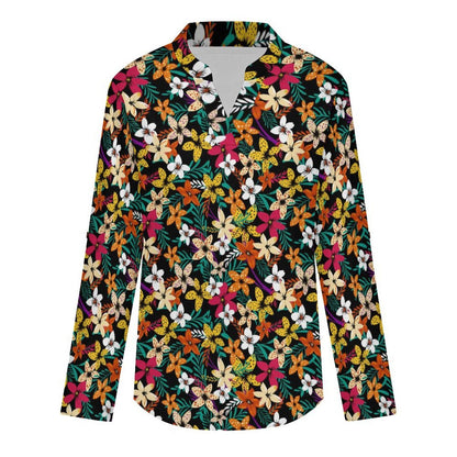 Flower  Versatile Notched V-Neck Tunic | Roll Tab 3/4 Sleeve Office Casual Top