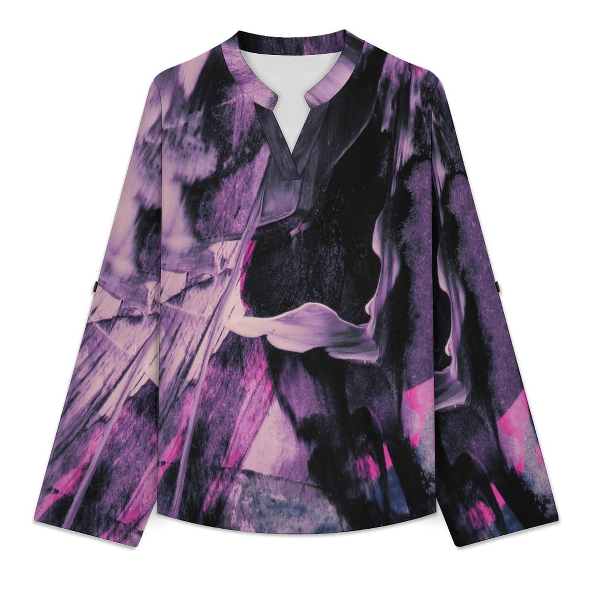 Purple, Black Pattern  Women Curved Hem V Neck Roll Sleeve Casual Work Top