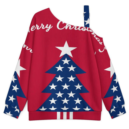 Off-the-shoulder Sweater Christmas Tree Flag of The United States  Asymmetric Cold Shoulder Knit Sweater for Women, Adjustable Buckle Strap Long Sleeve Casual Slouchy Pullover