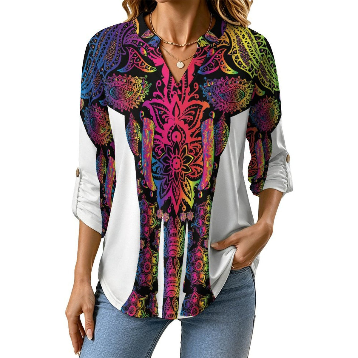 Stand-up Collar Long-sleeved Shirt Vintage Lines, Elephants  Customization Women’s V-Neck Blouses,long Sleeve,Roll-Up Sleeve Shirt