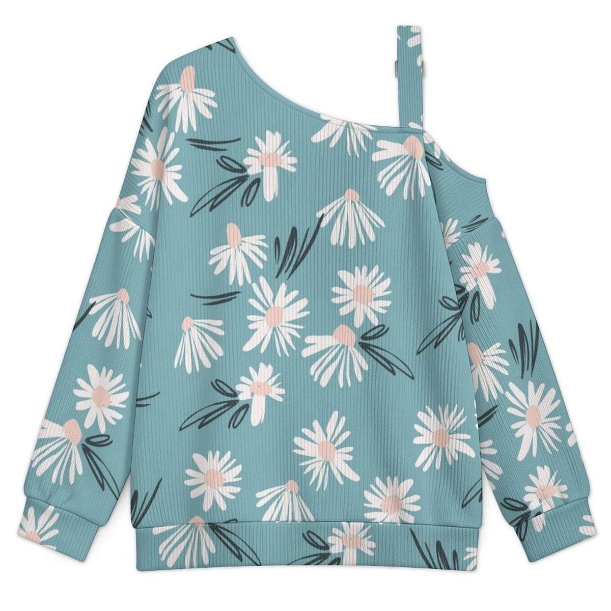 Off-the-shoulder Sweater Flowers Background  Asymmetric Cold Shoulder Knit Sweater for Women, Adjustable Buckle Strap Long Sleeve Casual Slouchy Pullover