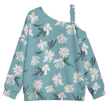 Off-the-shoulder Sweater Flowers Background  Asymmetric Cold Shoulder Knit Sweater for Women, Adjustable Buckle Strap Long Sleeve Casual Slouchy Pullover