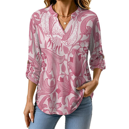 Stand-up Collar Long-sleeved Shirt Pink Pattern  Customization Women’s V-Neck Blouses,long Sleeve,Roll-Up Sleeve Shirt
