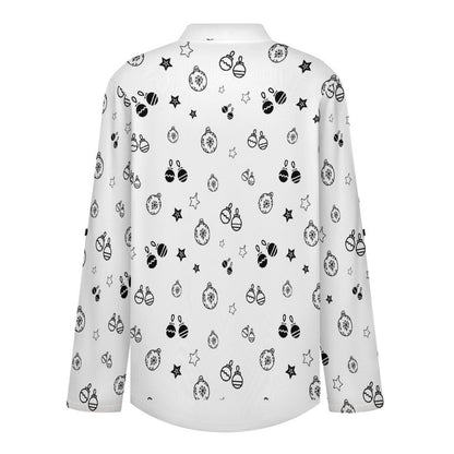 Stand-up Collar Long-sleeved Shirt Black And White, Stars, Bells  Customization Women’s V-Neck Blouses,long Sleeve,Roll-Up Sleeve Shirt
