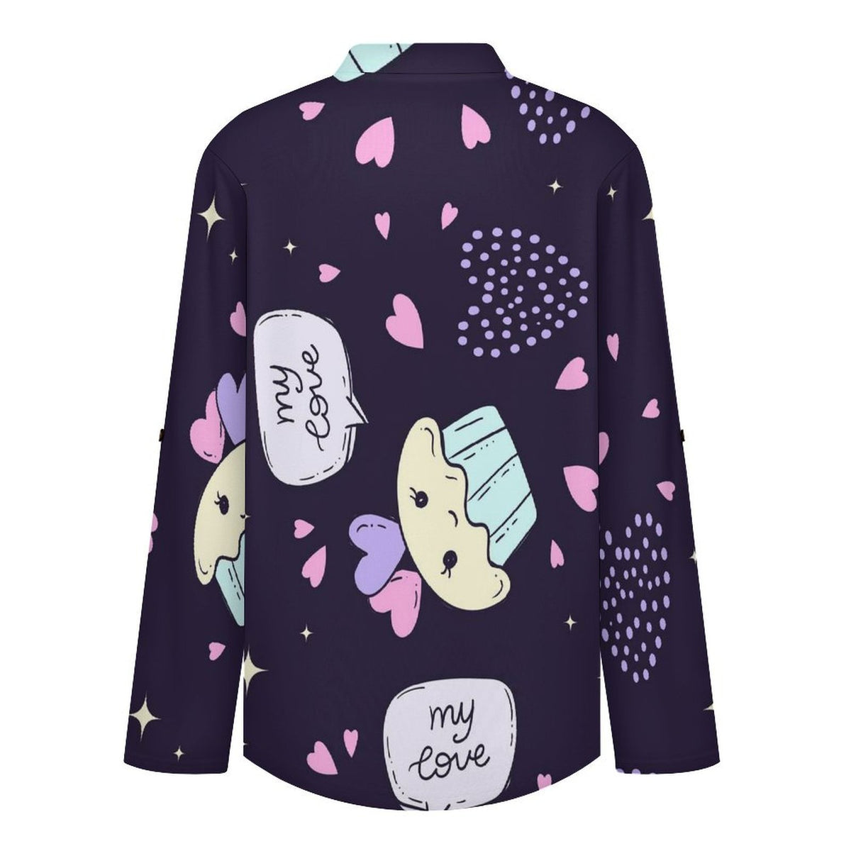Stand-up Collar Long-sleeved Shirt Cupcake Background  Customization Women’s V-Neck Blouses,long Sleeve,Roll-Up Sleeve Shirt