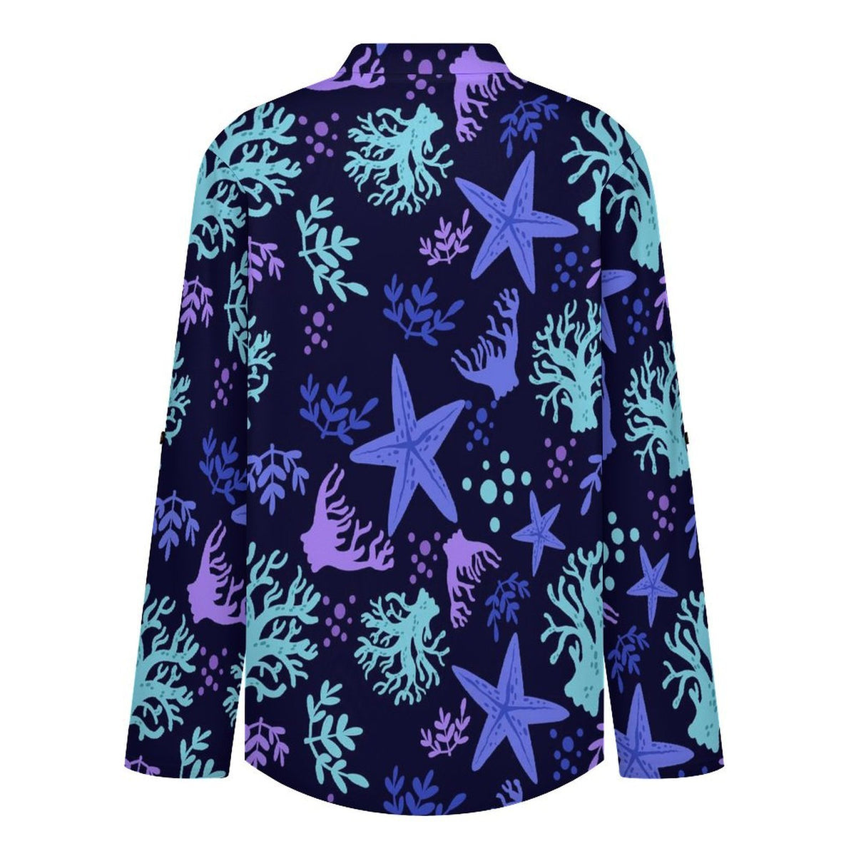 Stand-up Collar Long-sleeved Shirt Ocean Pattern  Customization Women’s V-Neck Blouses,long Sleeve,Roll-Up Sleeve Shirt