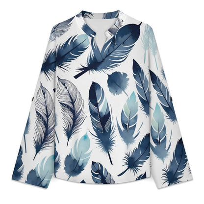 Stand-up Collar Long-sleeved Shirt Feathered Bird  Women’s V-Neck Blouses