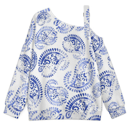 Off-the-shoulder Sweater Blue Paisley Pattern  Asymmetric Cold Shoulder Knit Sweater for Women, Adjustable Buckle Strap Long Sleeve Casual Slouchy Pullover
