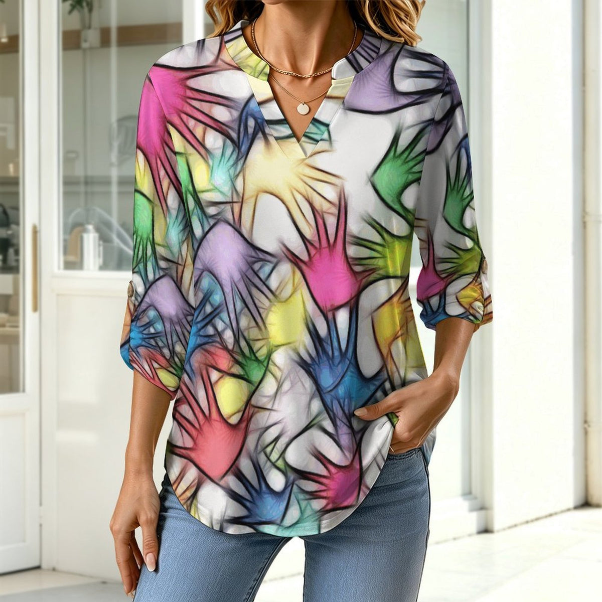 Stand-up Collar Long-sleeved Shirt Colored Hands, Shadows, Abstractions  Customization Women’s V-Neck Blouses,long Sleeve,Roll-Up Sleeve Shirt