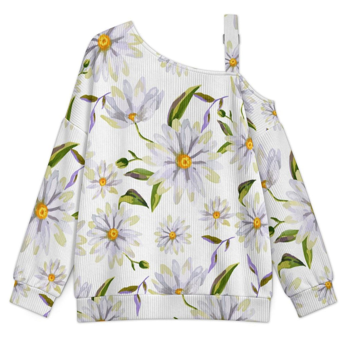 Off-the-shoulder Sweater Elegant Purple Flowers, Pattern Design  Asymmetric Cold Shoulder Knit Sweater for Women, Adjustable Buckle Strap Long Sleeve Casual Slouchy Pullover