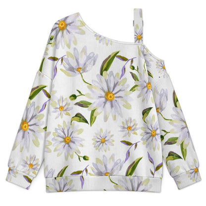 Off-the-shoulder Sweater Elegant Purple Flowers, Pattern Design  Asymmetric Cold Shoulder Knit Sweater for Women, Adjustable Buckle Strap Long Sleeve Casual Slouchy Pullover