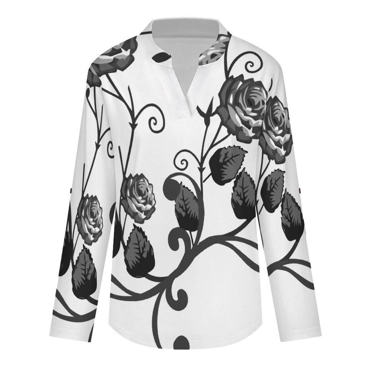 Stand-up Collar Long-sleeved Shirt Roses, Flowers  Customization Women’s V-Neck Blouses,long Sleeve,Roll-Up Sleeve Shirt