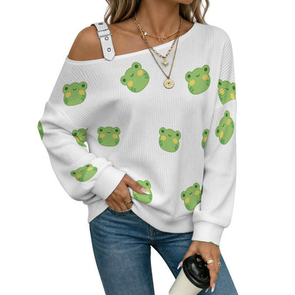 Off-the-shoulder Sweater Little Frog  Asymmetric Cold Shoulder Knit Sweater for Women, Adjustable Buckle Strap Long Sleeve Casual Slouchy Pullover