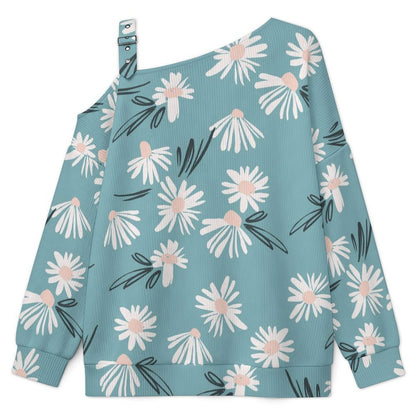Off-the-shoulder Sweater Flowers Background  Asymmetric Cold Shoulder Knit Sweater for Women, Adjustable Buckle Strap Long Sleeve Casual Slouchy Pullover
