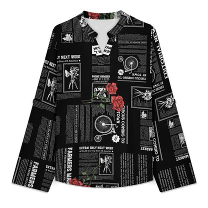 Versatile Notched V-Neck Tunic  Roll Tab 3/4 Sleeve Office Casual Top  Newspaper  Red Rose Black