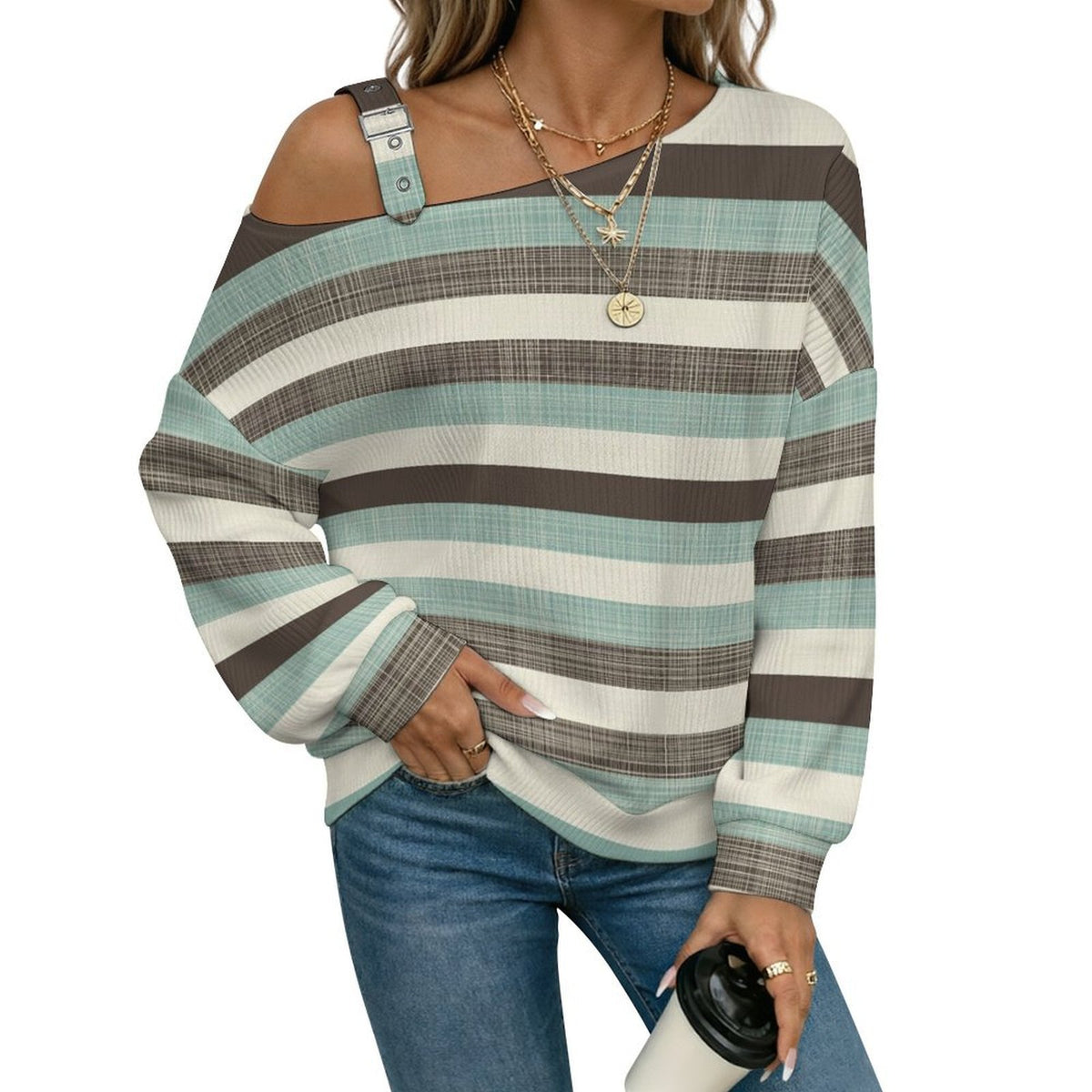 Off-the-shoulder Sweater Fashion Stripe  Asymmetric Cold Shoulder Knit Sweater for Women, Adjustable Buckle Strap Long Sleeve Casual Slouchy Pullover