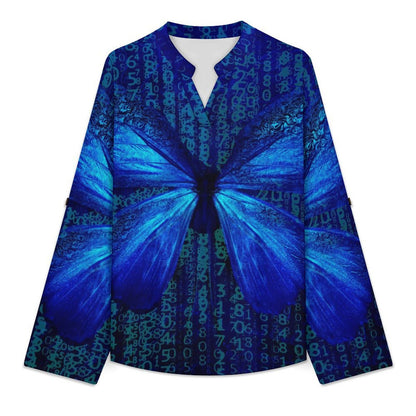Stand-up Collar Long-sleeved Shirt Digital Butterfly  Customization Women’s V-Neck Blouses,long Sleeve,Roll-Up Sleeve Shirt
