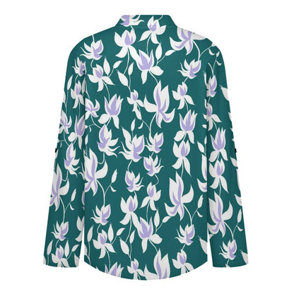Stand-up Collar Long-sleeved Shirt Flower Pattern Repeat  Customization Women’s V-Neck Blouses,long Sleeve,Roll-Up Sleeve Shirt