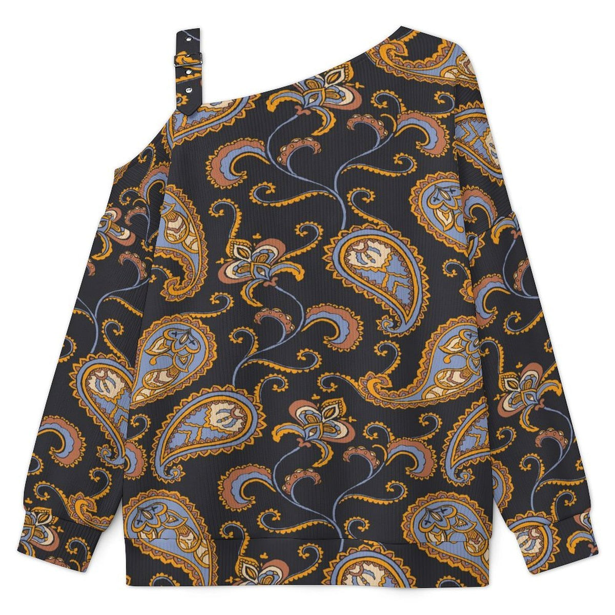 Off-the-shoulder Sweater European Retro Pattern  Asymmetric Cold Shoulder Knit Sweater for Women, Adjustable Buckle Strap Long Sleeve Casual Slouchy Pullover