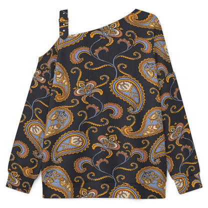Off-the-shoulder Sweater European Retro Pattern  Asymmetric Cold Shoulder Knit Sweater for Women, Adjustable Buckle Strap Long Sleeve Casual Slouchy Pullover