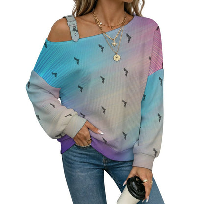 Off-the-shoulder Sweater Bat, Color  Asymmetric Cold Shoulder Knit Sweater for Women, Adjustable Buckle Strap Long Sleeve Casual Slouchy Pullover