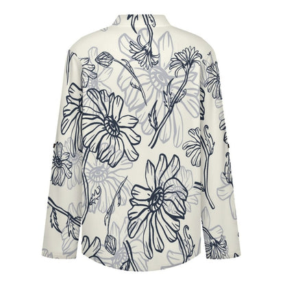 Stand-up Collar Long-sleeved Shirt Pattern, Ink  Customization Women’s V-Neck Blouses,long Sleeve,Roll-Up Sleeve Shirt