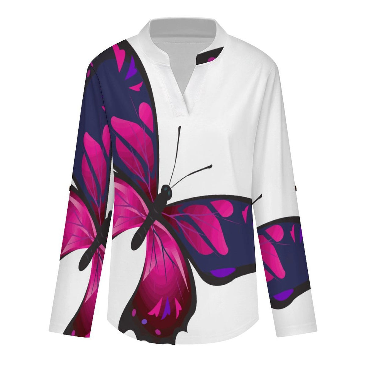Stand-up Collar Long-sleeved Shirt Butterflies, Insects  Customization Women’s V-Neck Blouses,long Sleeve,Roll-Up Sleeve Shirt