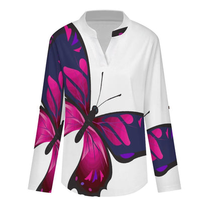 Stand-up Collar Long-sleeved Shirt Butterflies, Insects  Customization Women’s V-Neck Blouses,long Sleeve,Roll-Up Sleeve Shirt
