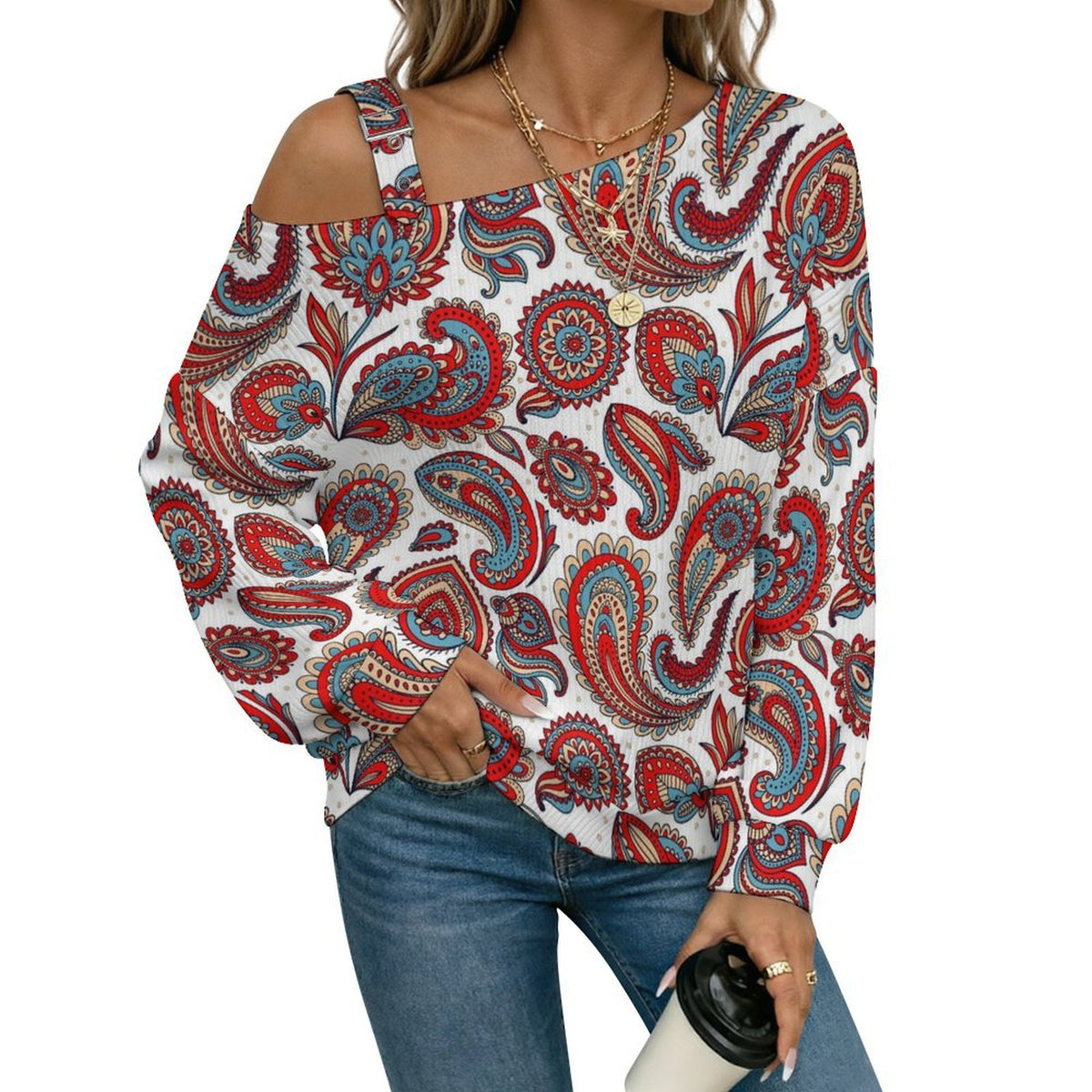 Women’s Off-Shoulder Knit Sweater Paisley