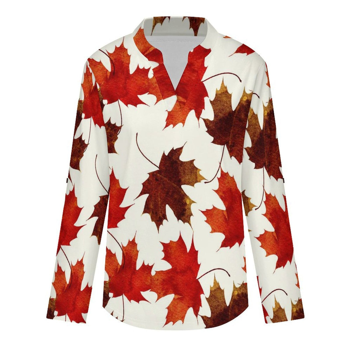 Stand-up Collar Long-sleeved Shirt Leaf Plant Pattern white SWomen’s V-Neck Blouses