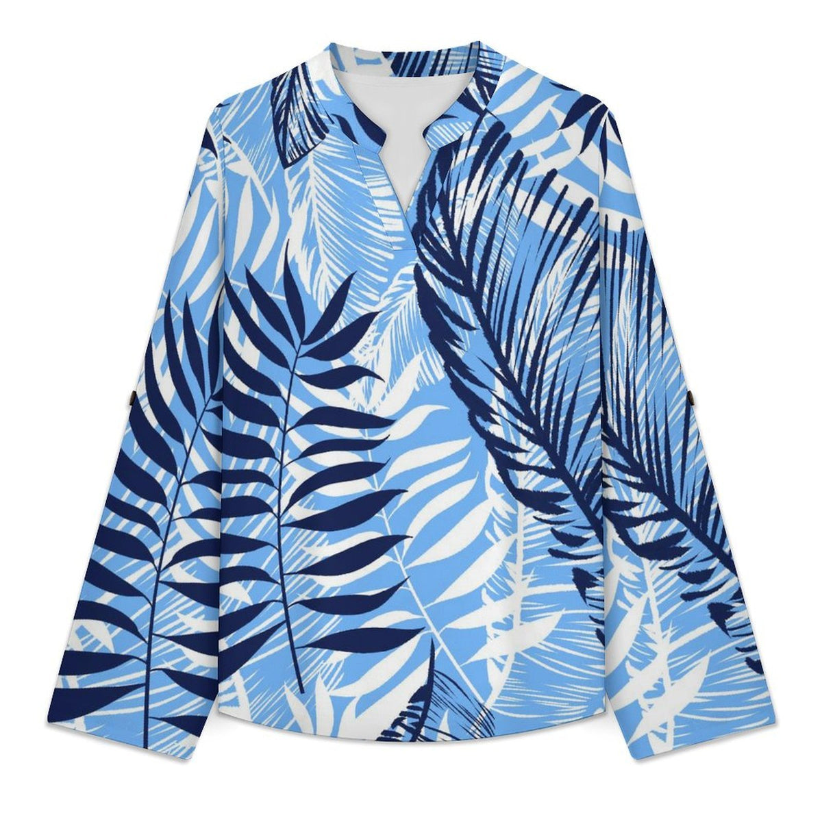 Stand-up Collar Long-sleeved Shirt Summer-flower-blue-yellow-full Print-T-shirt-phone Case  Customization Women’s V-Neck Blouses,long Sleeve,Roll-Up Sleeve Shirt