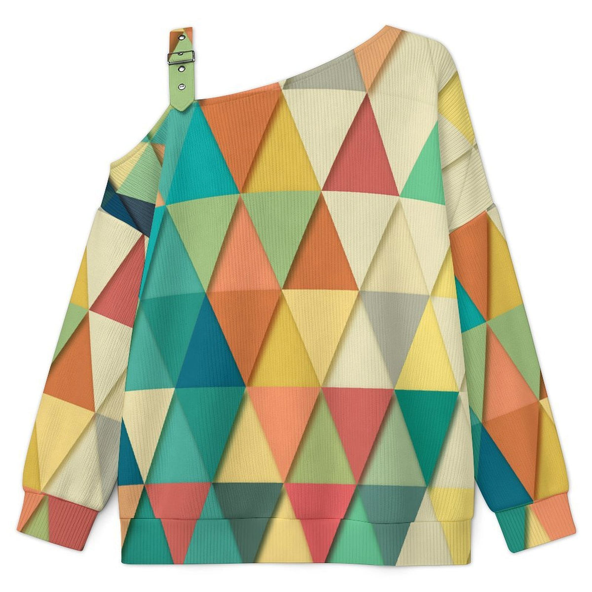 Off-the-shoulder Sweater Colorful Geometric Figures  Asymmetric Cold Shoulder Knit Sweater for Women, Adjustable Buckle Strap Long Sleeve Casual Slouchy Pullover