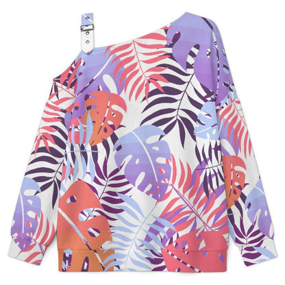 Off-the-shoulder Sweater Tile Pattern-Leaf-Purple-Pink  Asymmetric Cold Shoulder Knit Sweater for Women, Adjustable Buckle Strap Long Sleeve Casual Slouchy Pullover