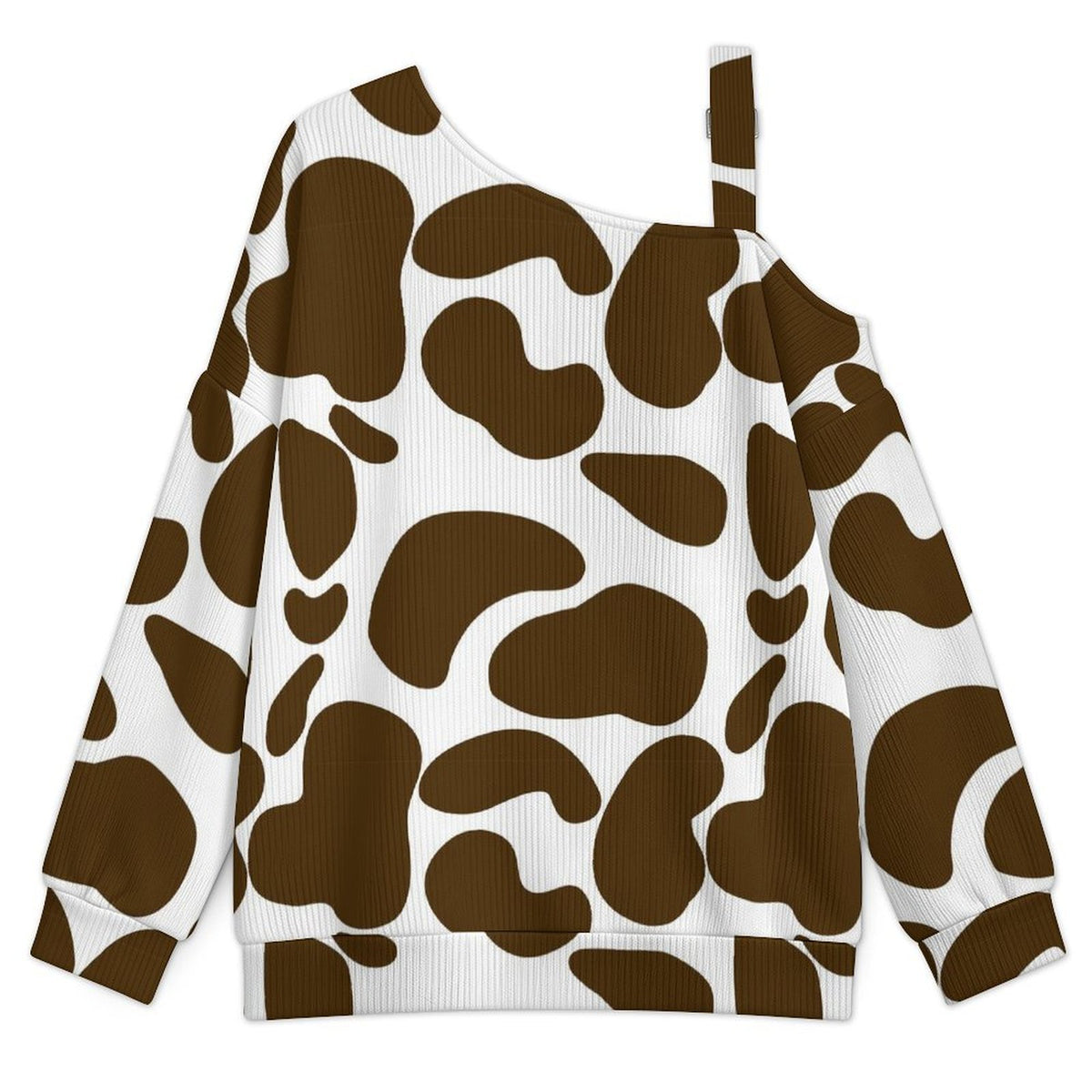 Off-the-shoulder Sweater Pattern-cow-brown-white-repeat  Asymmetric Cold Shoulder Knit Sweater for Women, Adjustable Buckle Strap Long Sleeve Casual Slouchy Pullover