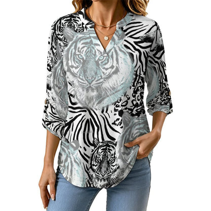 Women's Notched V Neck Tunic Tops, Roll Up 3/4 Sleeve Button Cuff Casual Blouse, Hem Loose Work Shirts  Tiger Pattern, Repeating Pattern