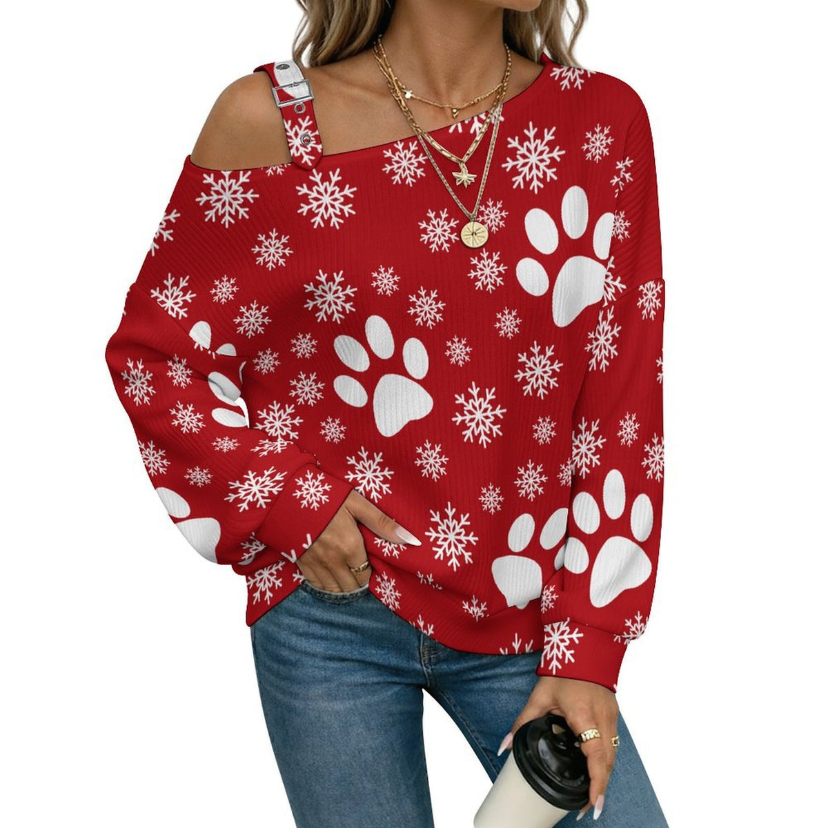 Off-the-shoulder Sweater Christmas Snowflakes Cats And Dogs Paws Snowflakes Red  Asymmetric Cold Shoulder Knit Sweater for Women, Adjustable Buckle Strap Long Sleeve Casual Slouchy Pullover