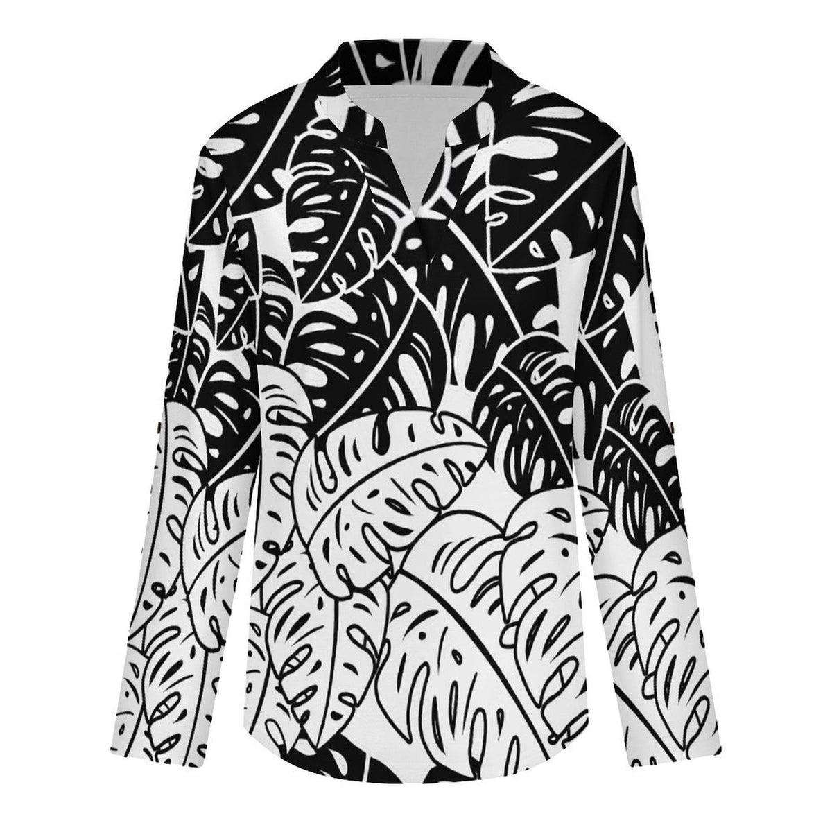 Stand-up Collar Long-sleeved Shirt Leaves, Black, Repeating Pattern  Customization Women’s V-Neck Blouses,long Sleeve,Roll-Up Sleeve Shirt