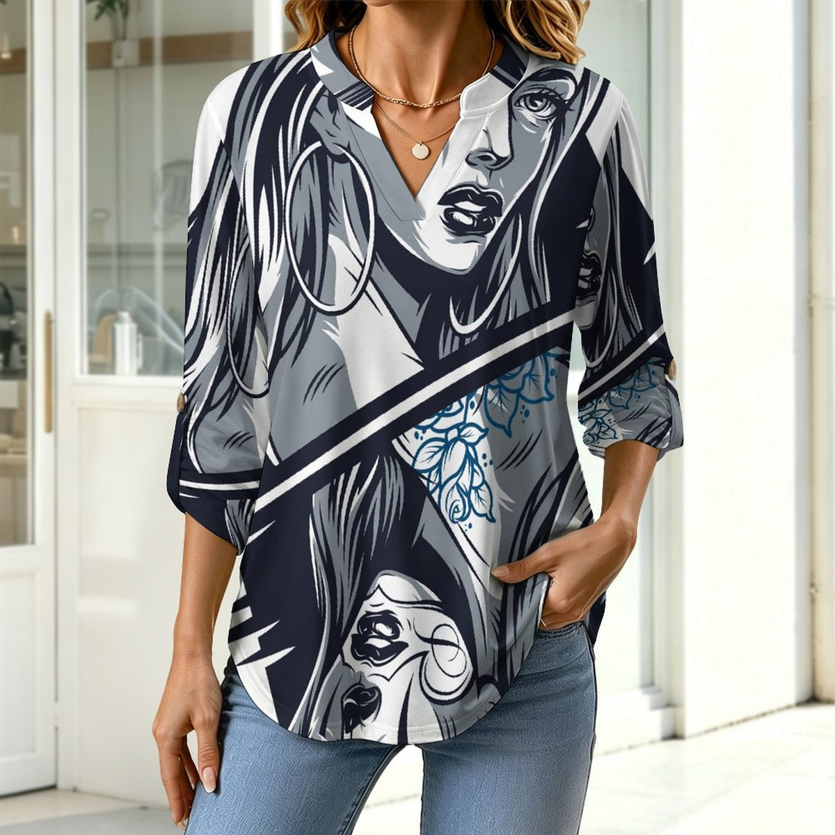 Stand-up Collar Long-sleeved Shirt Skeleton, Queen, Up And Down  Customization Women’s V-Neck Blouses,long Sleeve,Roll-Up Sleeve Shirt